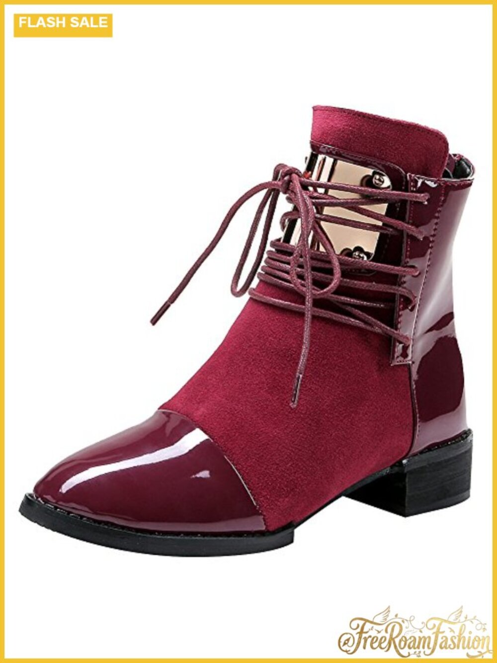 Punk Metal Cap Toe Chunky Heel Zip Ankle Boots Patent PU & Fabric Fluff Lined